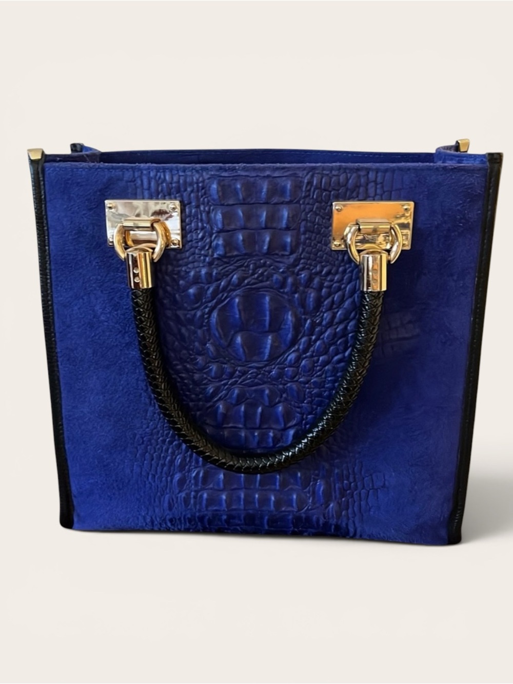 Italian Blue Croc Embossed Leather Tote Bag Gold Hardware